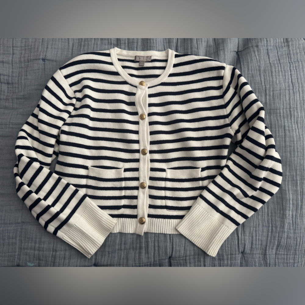 J. Crew Navy and White Striped Crewneck 100% Cotton Gold Buttons Cardigan M